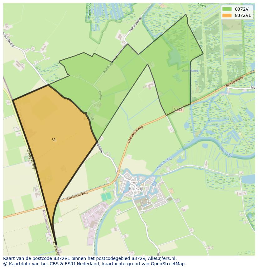 Afbeelding van het postcodegebied 8372 VL op de kaart.