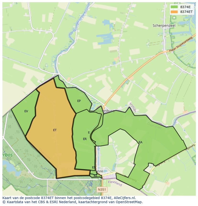 Afbeelding van het postcodegebied 8374 ET op de kaart.