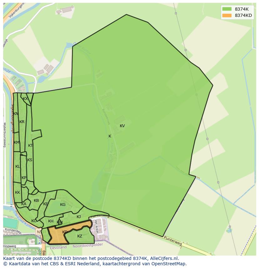 Afbeelding van het postcodegebied 8374 KD op de kaart.