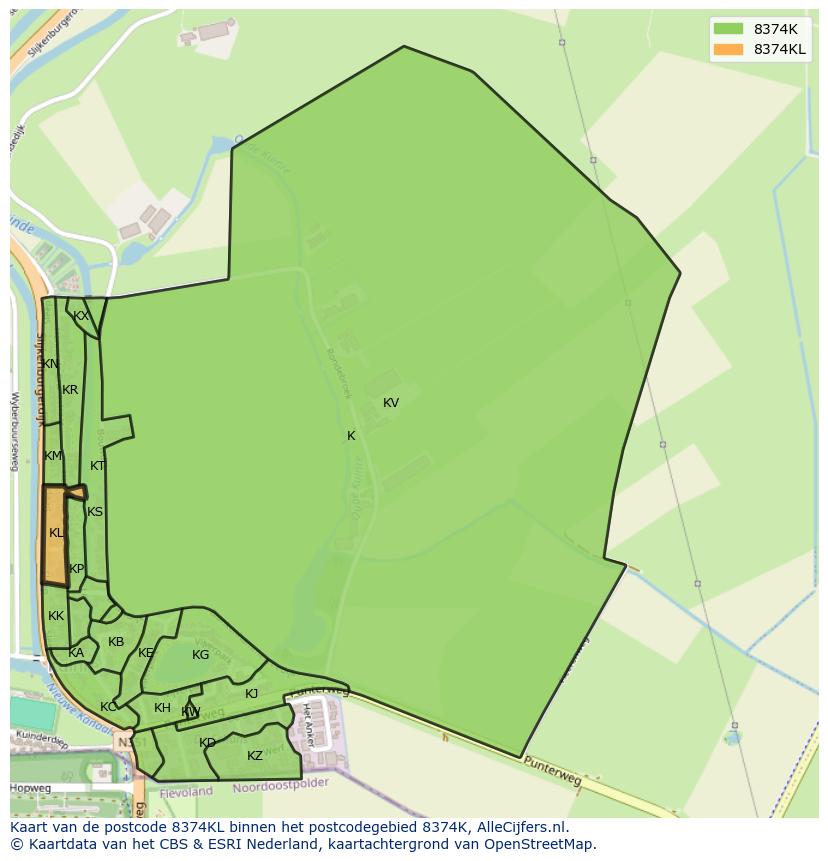 Afbeelding van het postcodegebied 8374 KL op de kaart.