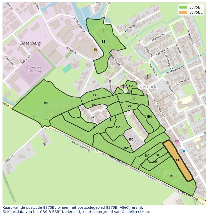 Afbeelding van het postcodegebied 8375 BL op de kaart.