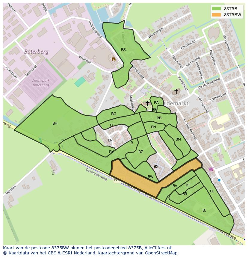 Afbeelding van het postcodegebied 8375 BW op de kaart.