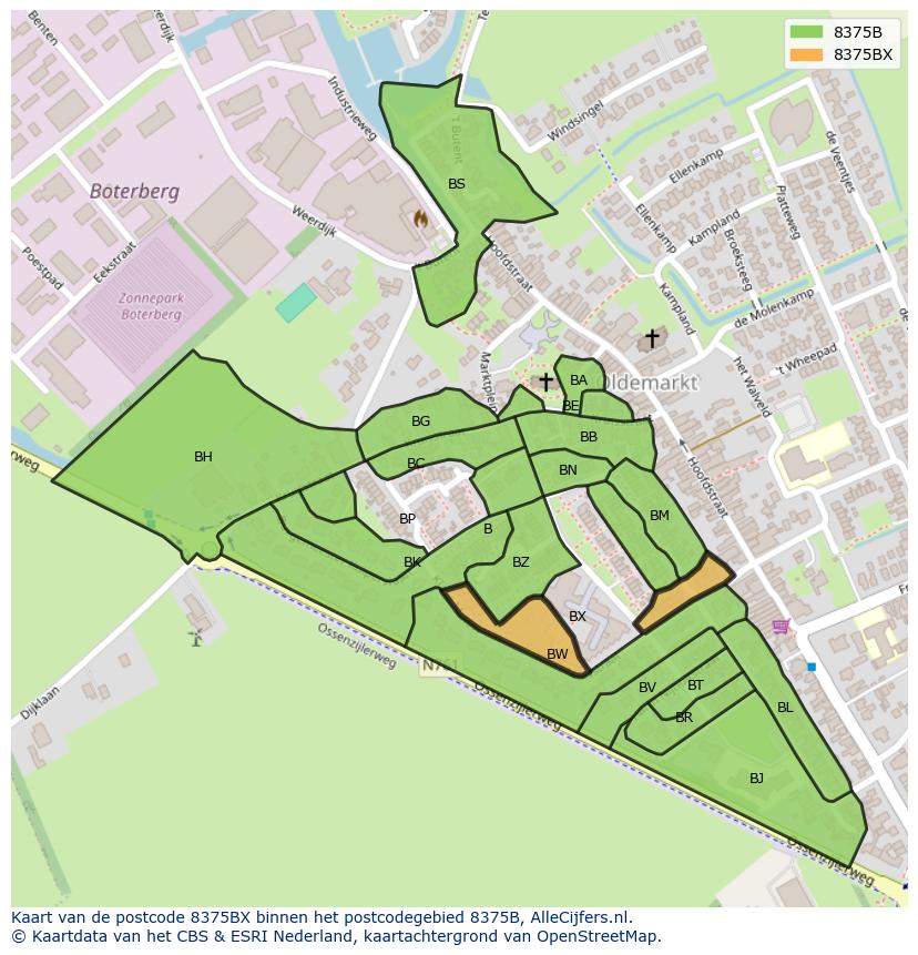 Afbeelding van het postcodegebied 8375 BX op de kaart.