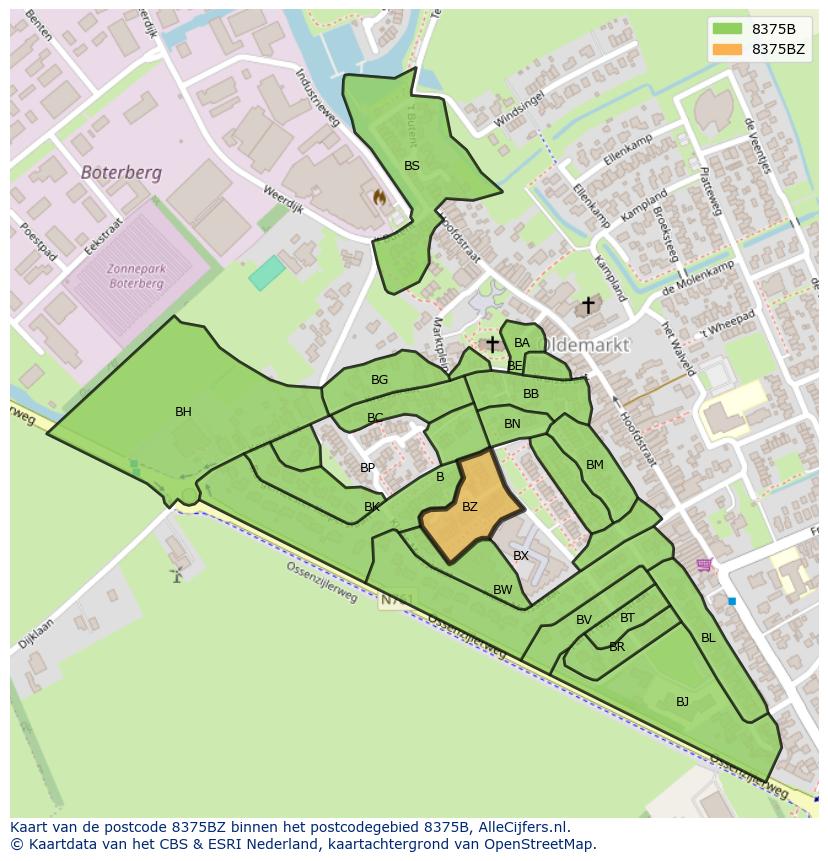 Afbeelding van het postcodegebied 8375 BZ op de kaart.