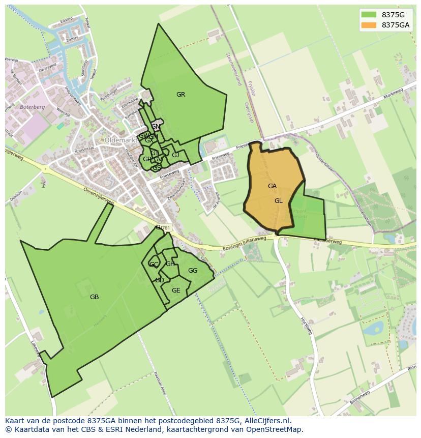 Afbeelding van het postcodegebied 8375 GA op de kaart.