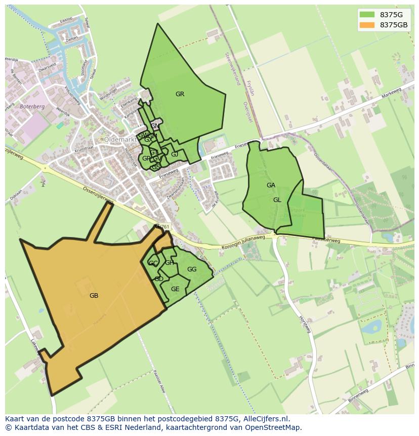 Afbeelding van het postcodegebied 8375 GB op de kaart.