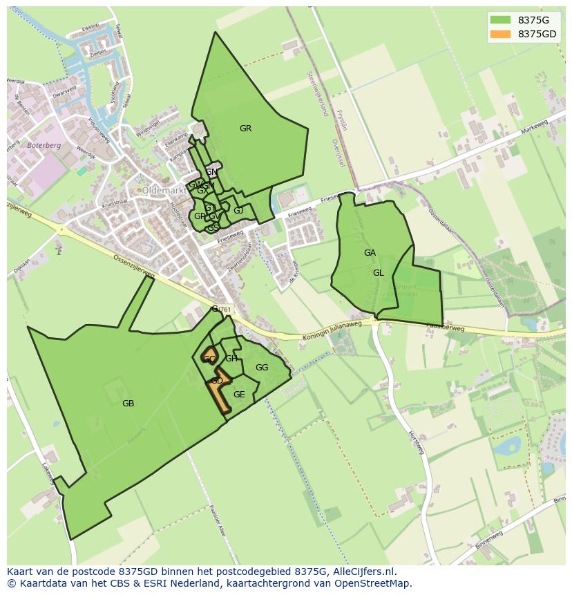 Afbeelding van het postcodegebied 8375 GD op de kaart.