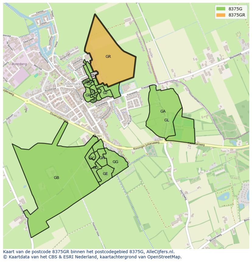 Afbeelding van het postcodegebied 8375 GR op de kaart.