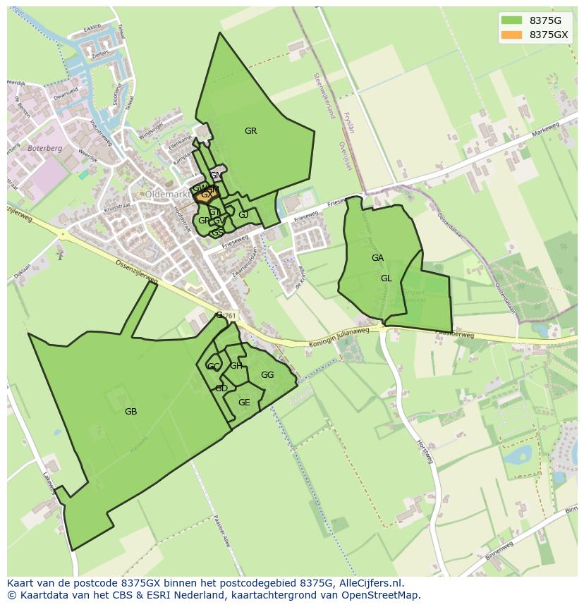 Afbeelding van het postcodegebied 8375 GX op de kaart.