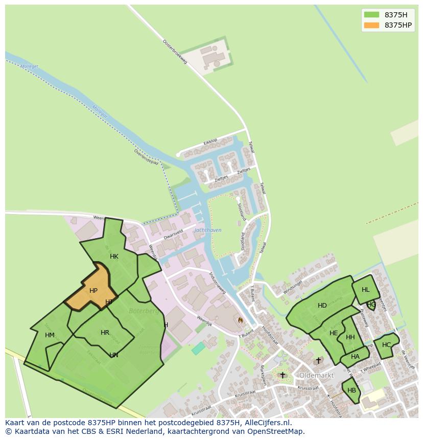 Afbeelding van het postcodegebied 8375 HP op de kaart.
