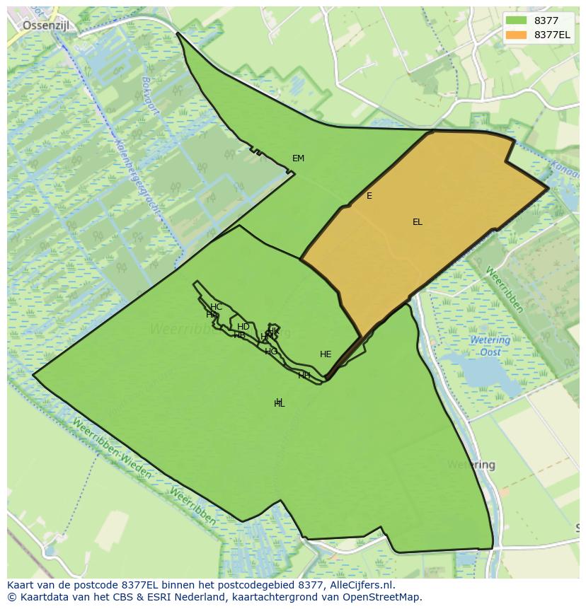 Afbeelding van het postcodegebied 8377 EL op de kaart.