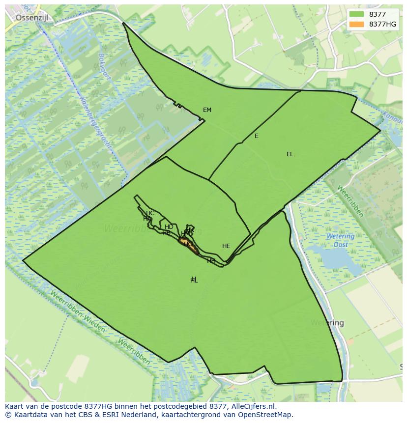 Afbeelding van het postcodegebied 8377 HG op de kaart.