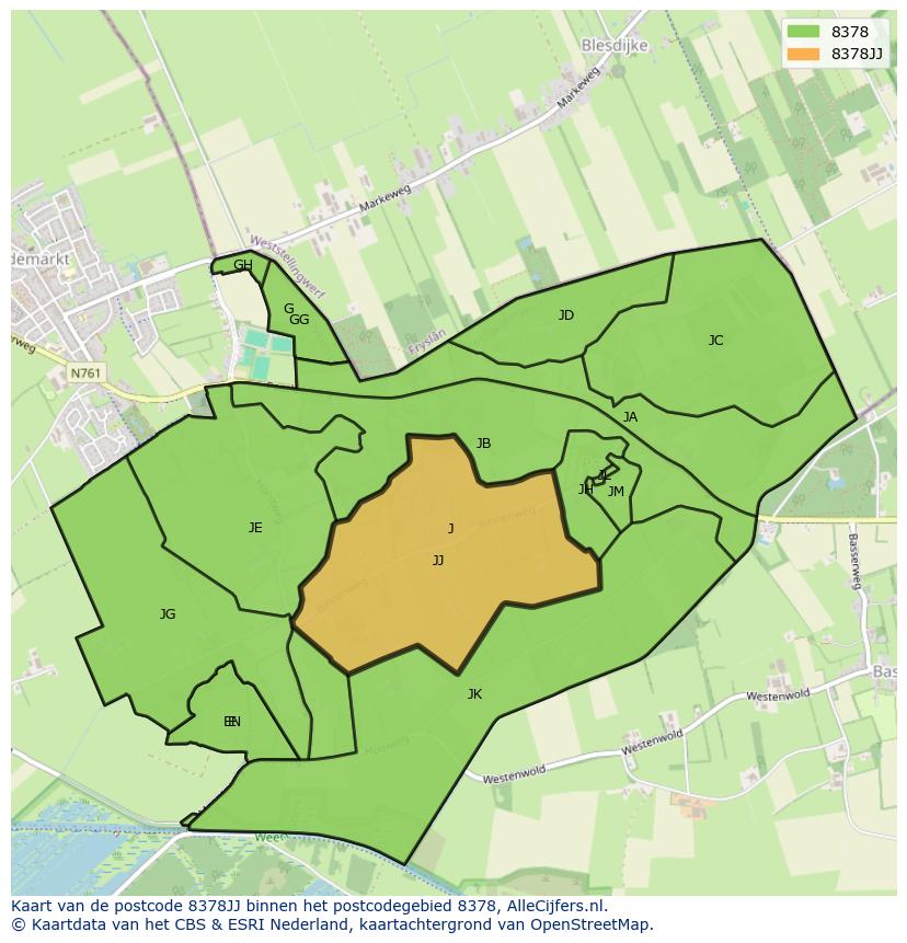 Afbeelding van het postcodegebied 8378 JJ op de kaart.
