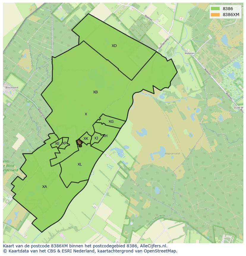 Afbeelding van het postcodegebied 8386 XM op de kaart.