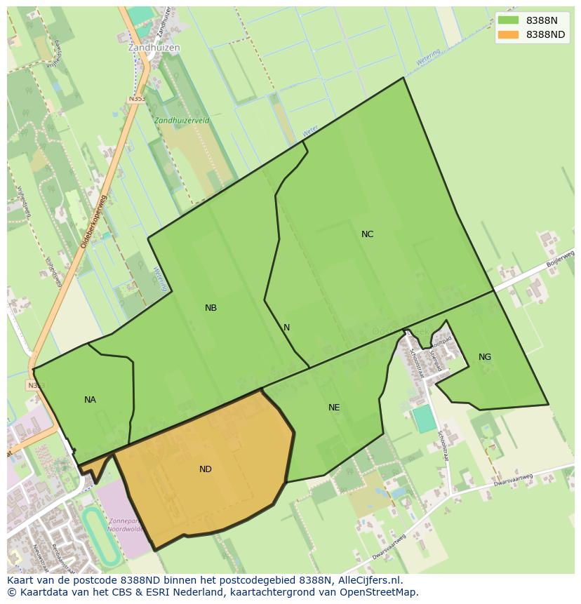 Afbeelding van het postcodegebied 8388 ND op de kaart.