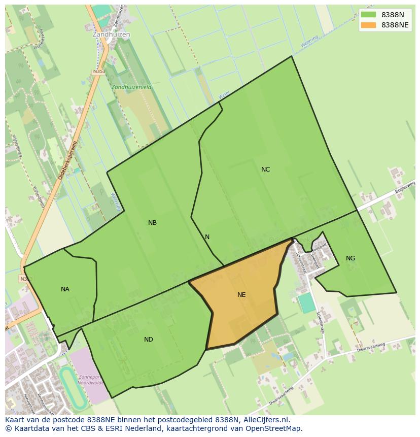Afbeelding van het postcodegebied 8388 NE op de kaart.