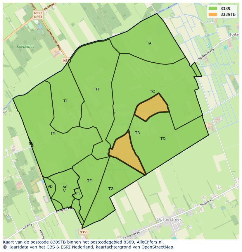 Afbeelding van het postcodegebied 8389 TB op de kaart.