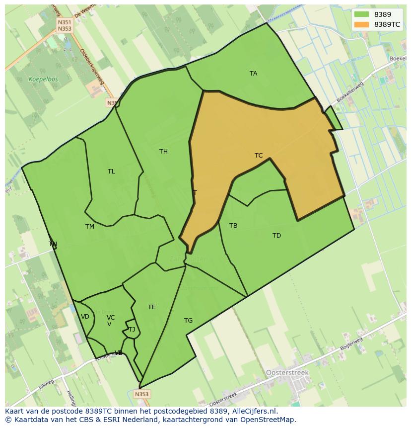 Afbeelding van het postcodegebied 8389 TC op de kaart.