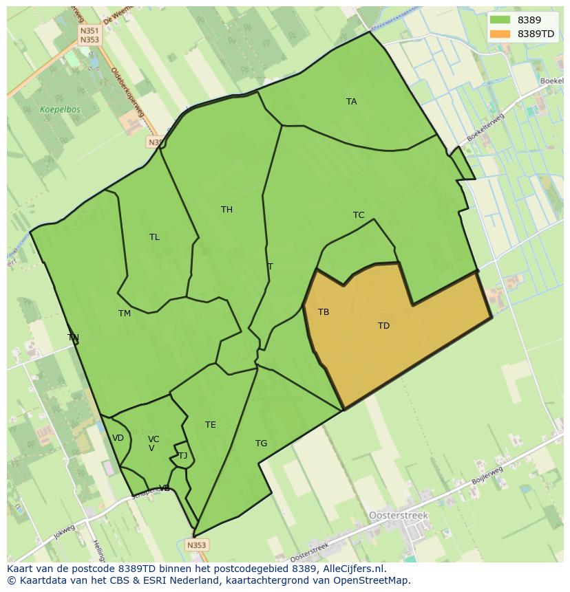Afbeelding van het postcodegebied 8389 TD op de kaart.