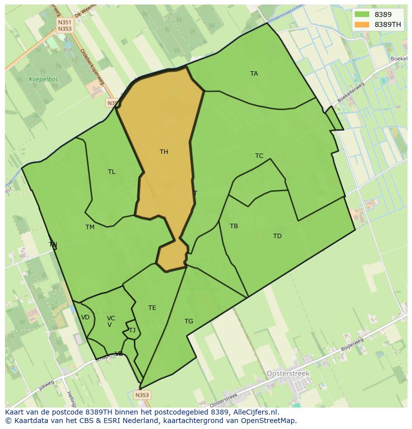 Afbeelding van het postcodegebied 8389 TH op de kaart.
