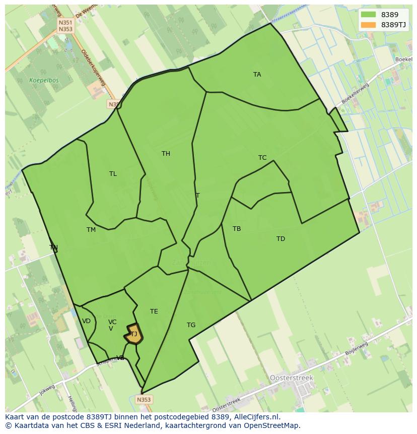 Afbeelding van het postcodegebied 8389 TJ op de kaart.