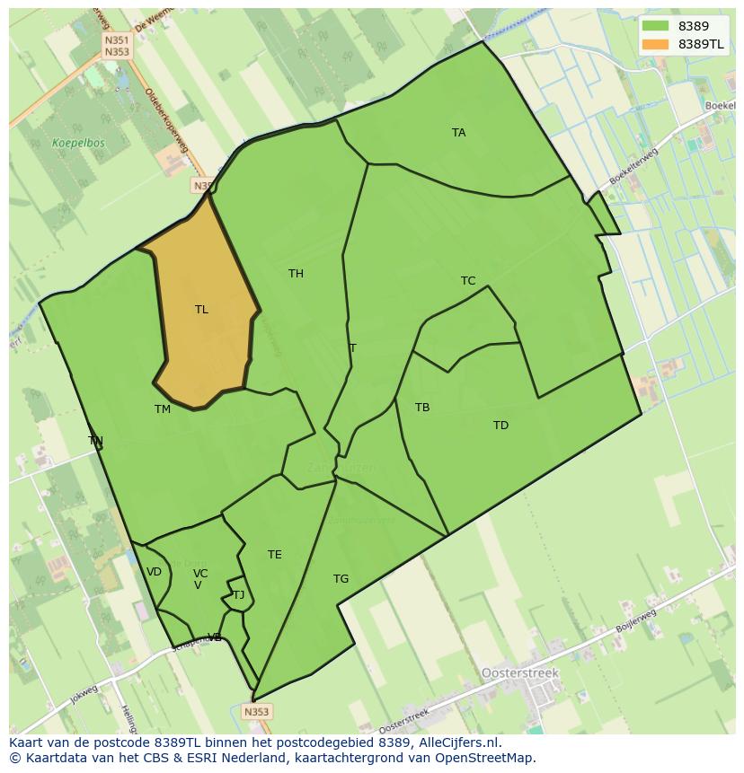 Afbeelding van het postcodegebied 8389 TL op de kaart.