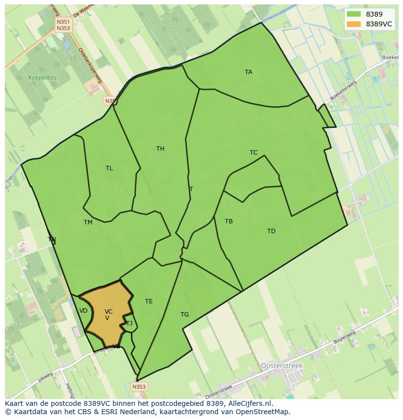 Afbeelding van het postcodegebied 8389 VC op de kaart.