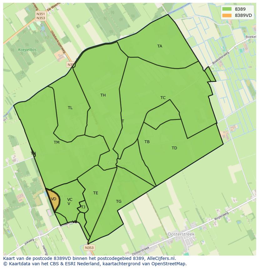 Afbeelding van het postcodegebied 8389 VD op de kaart.
