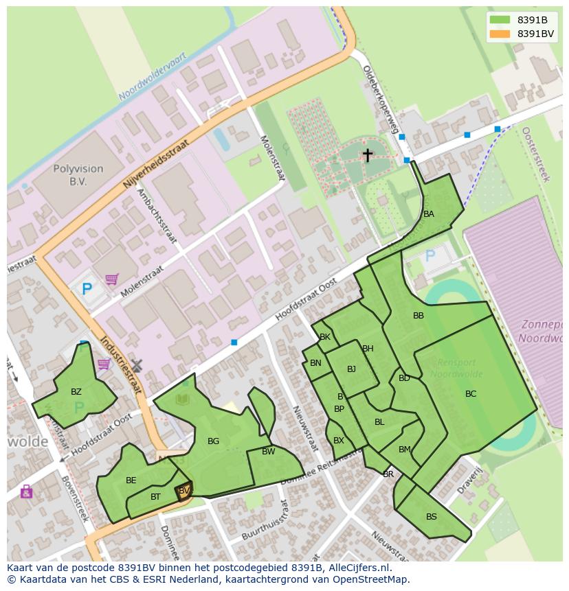 Afbeelding van het postcodegebied 8391 BV op de kaart.
