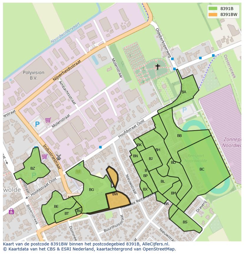 Afbeelding van het postcodegebied 8391 BW op de kaart.