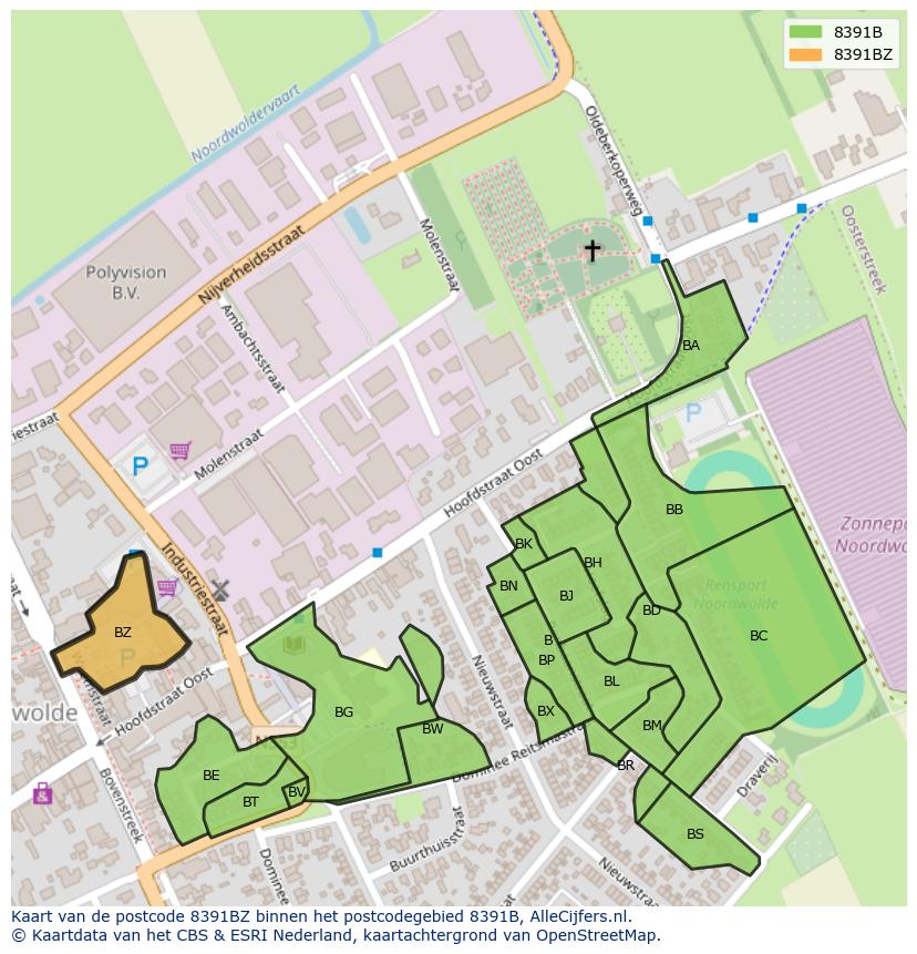 Afbeelding van het postcodegebied 8391 BZ op de kaart.