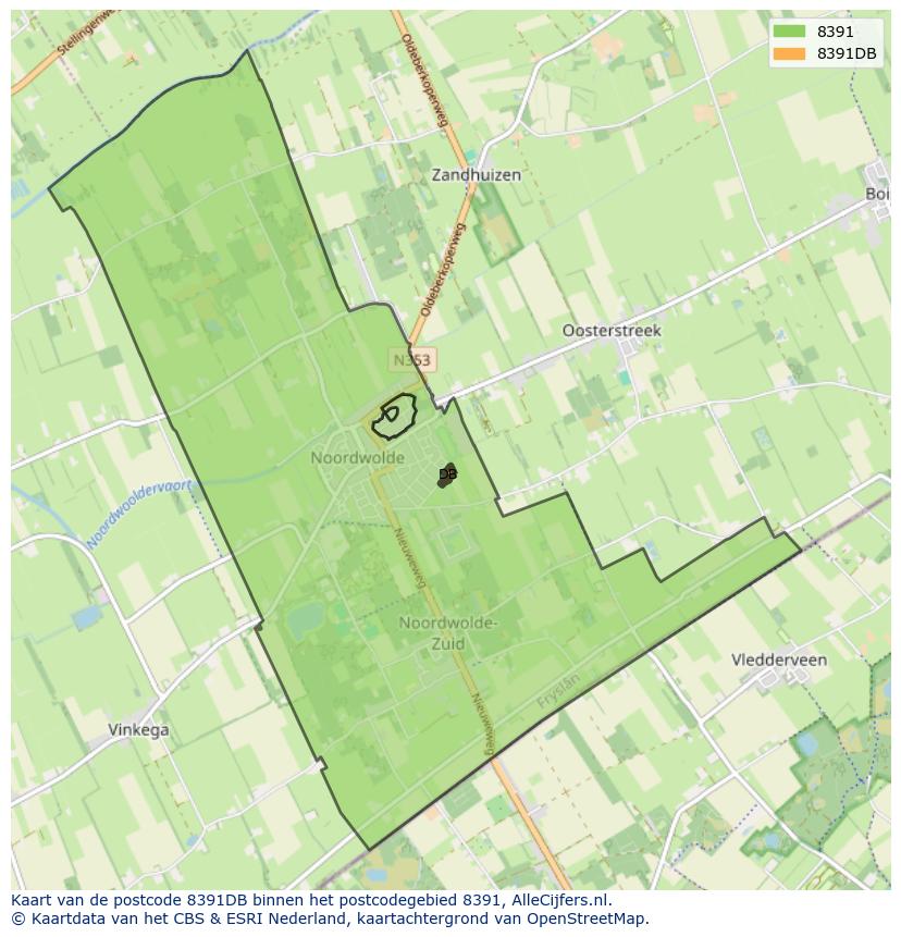 Afbeelding van het postcodegebied 8391 DB op de kaart.