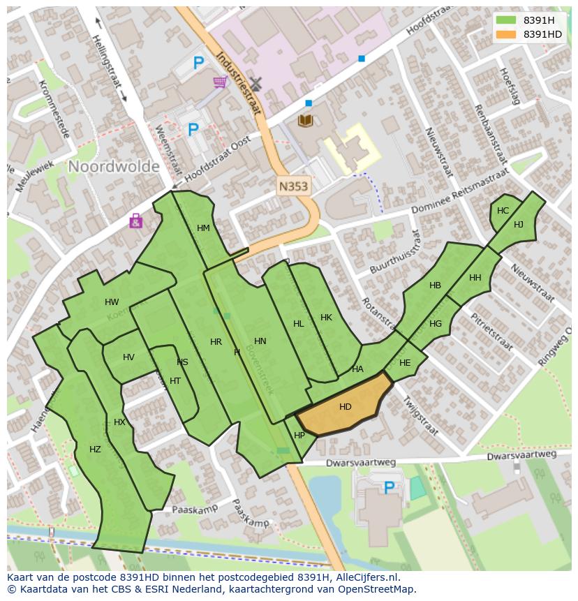 Afbeelding van het postcodegebied 8391 HD op de kaart.