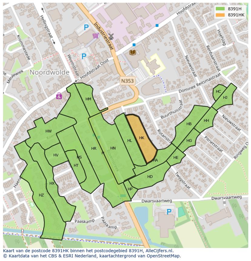 Afbeelding van het postcodegebied 8391 HK op de kaart.