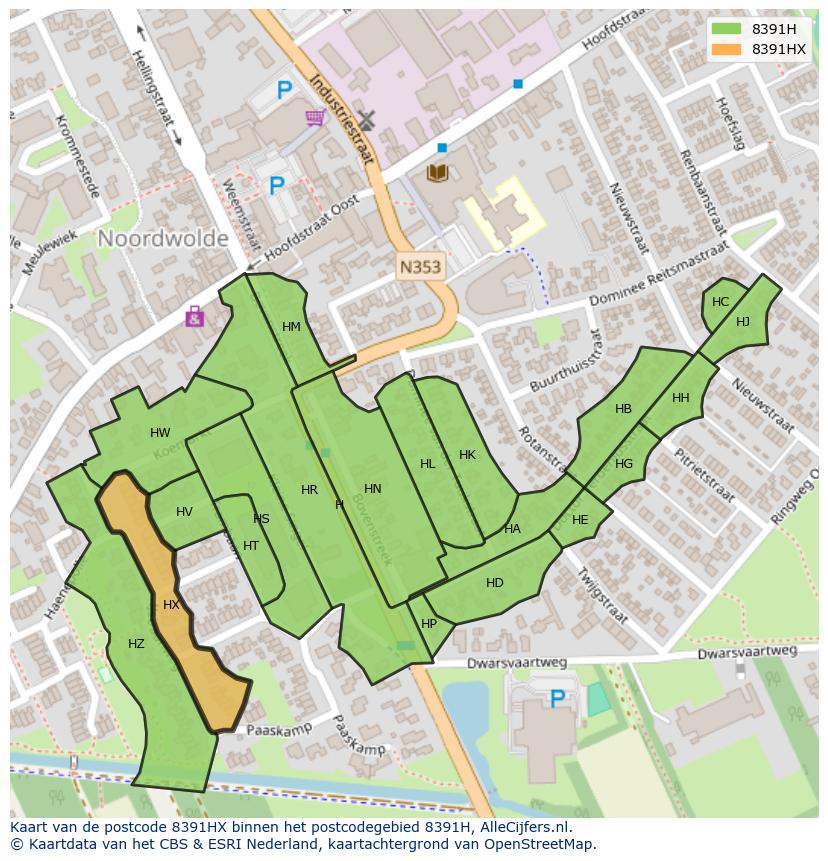 Afbeelding van het postcodegebied 8391 HX op de kaart.