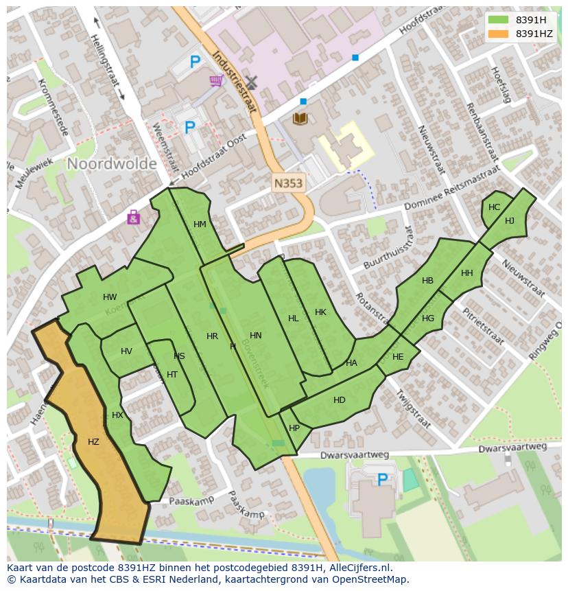 Afbeelding van het postcodegebied 8391 HZ op de kaart.