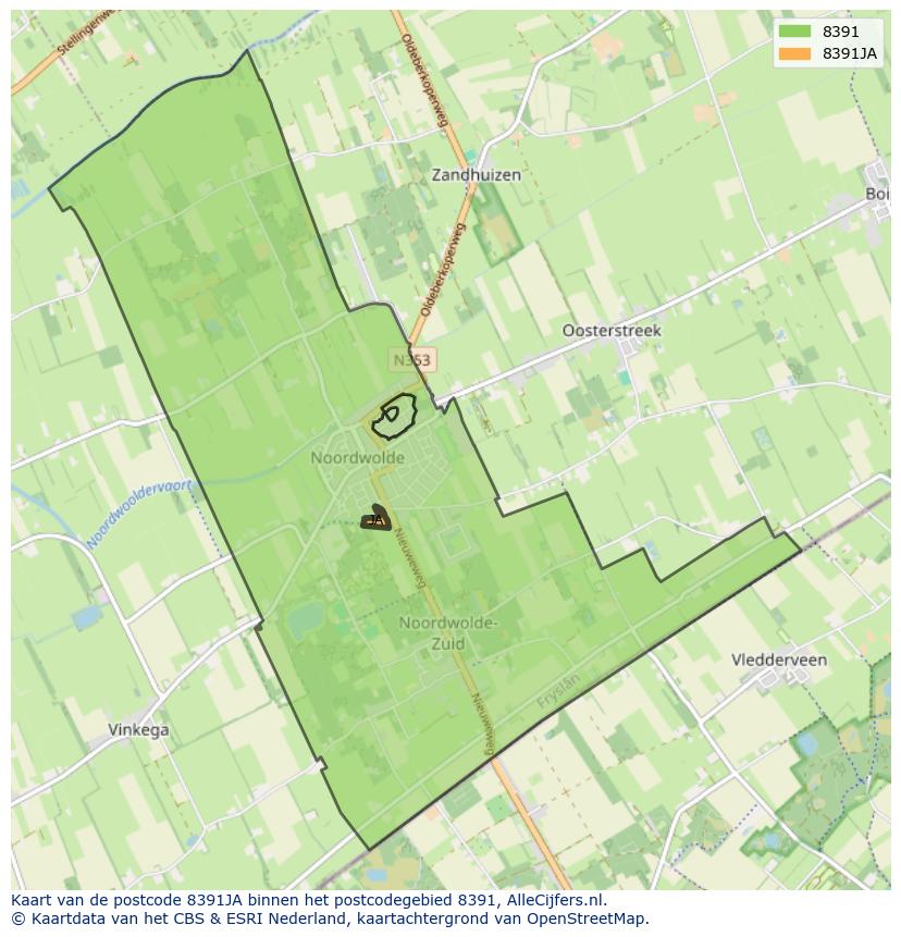Afbeelding van het postcodegebied 8391 JA op de kaart.