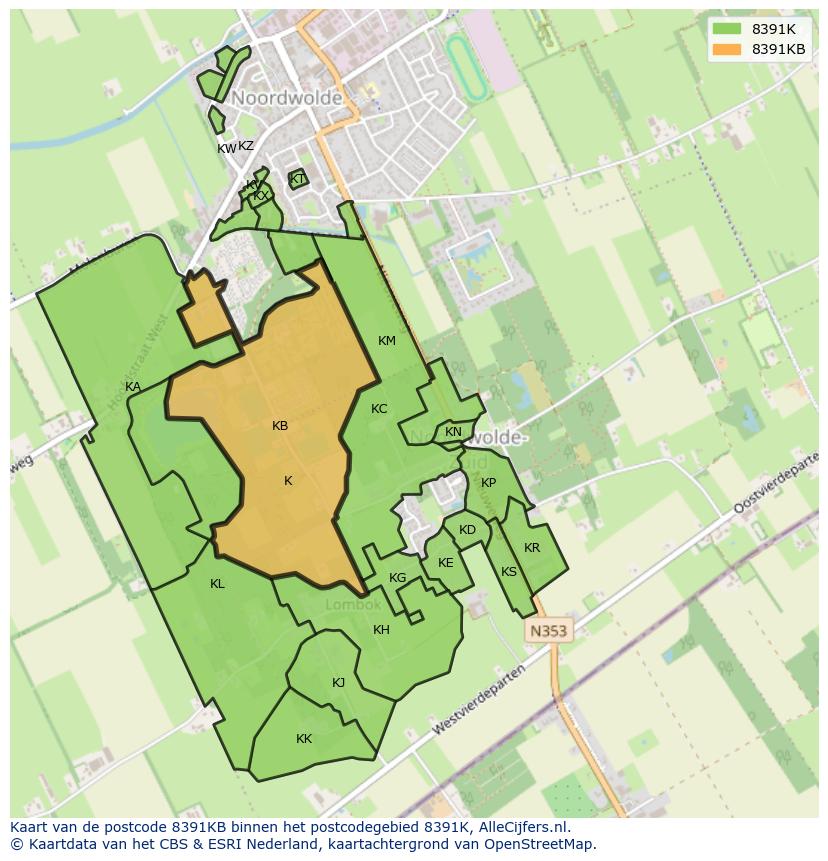 Afbeelding van het postcodegebied 8391 KB op de kaart.