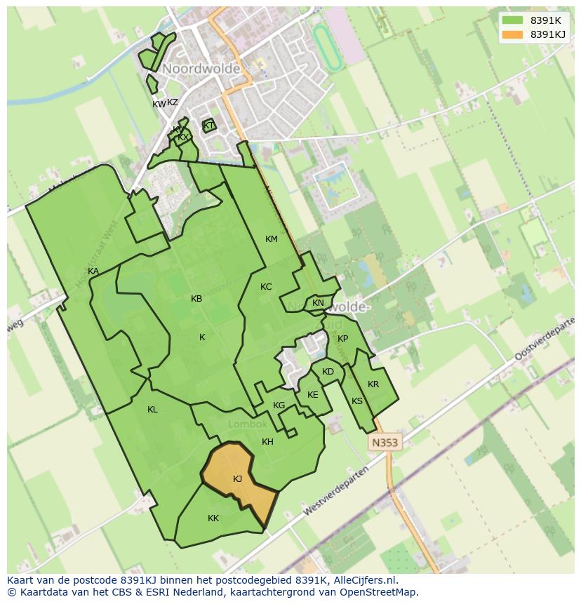 Afbeelding van het postcodegebied 8391 KJ op de kaart.
