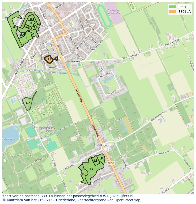 Afbeelding van het postcodegebied 8391 LA op de kaart.