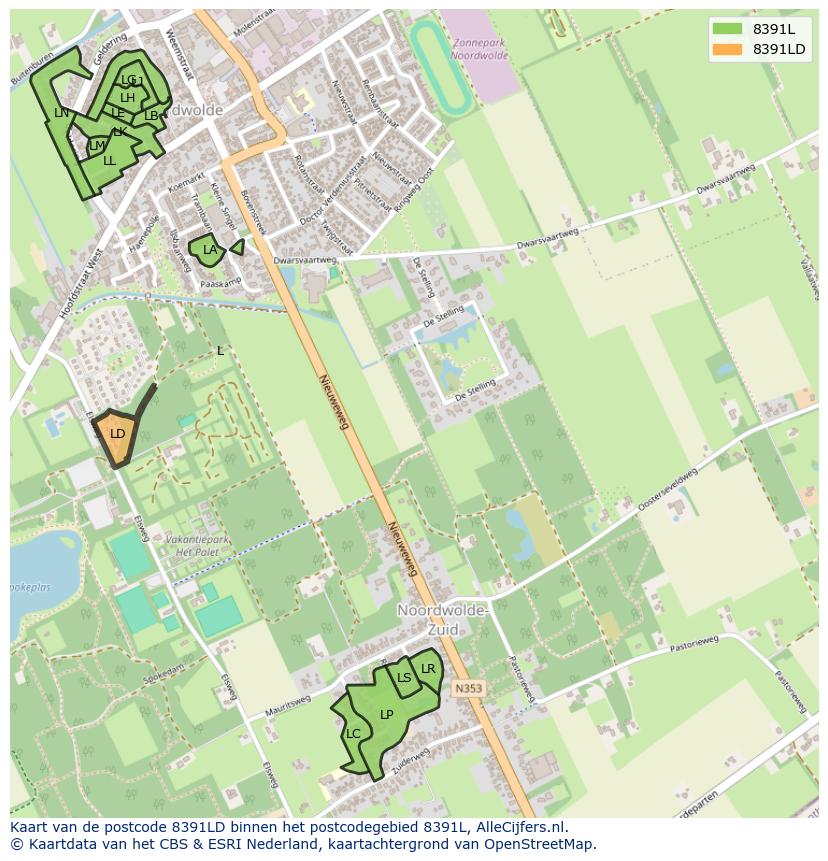 Afbeelding van het postcodegebied 8391 LD op de kaart.