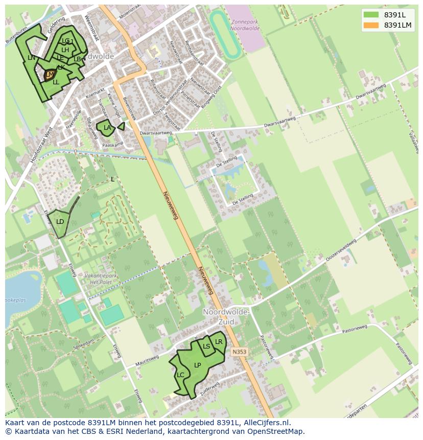 Afbeelding van het postcodegebied 8391 LM op de kaart.