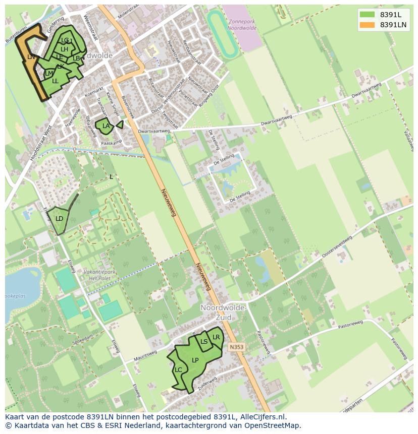Afbeelding van het postcodegebied 8391 LN op de kaart.