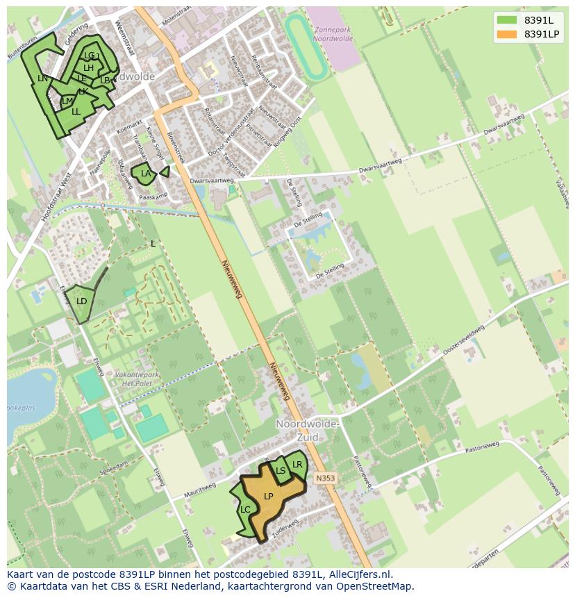 Afbeelding van het postcodegebied 8391 LP op de kaart.