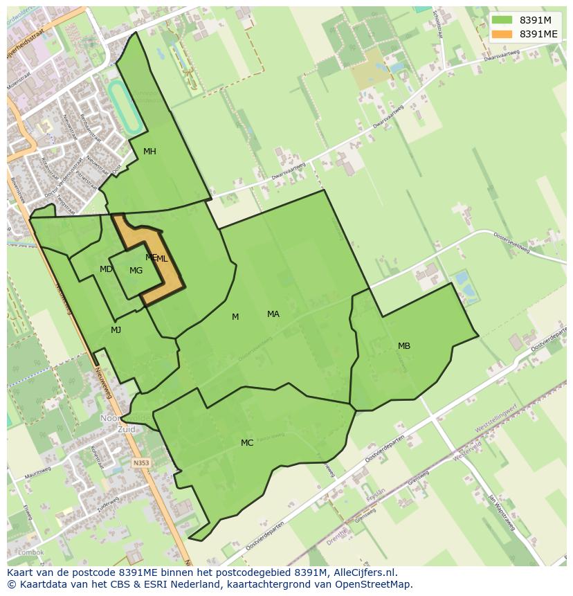 Afbeelding van het postcodegebied 8391 ME op de kaart.