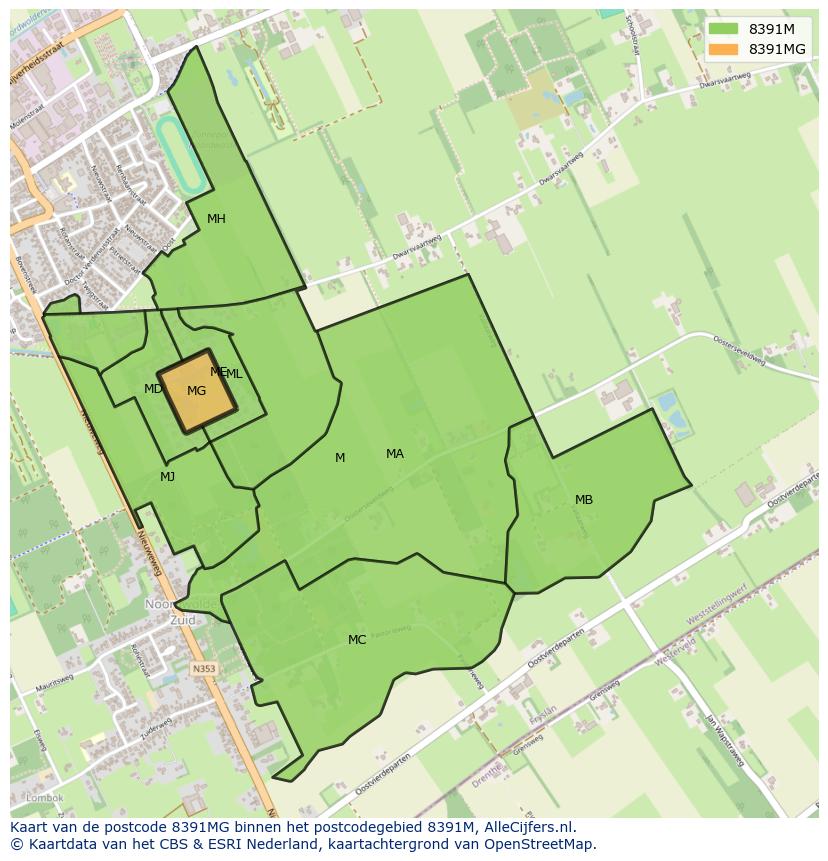 Afbeelding van het postcodegebied 8391 MG op de kaart.