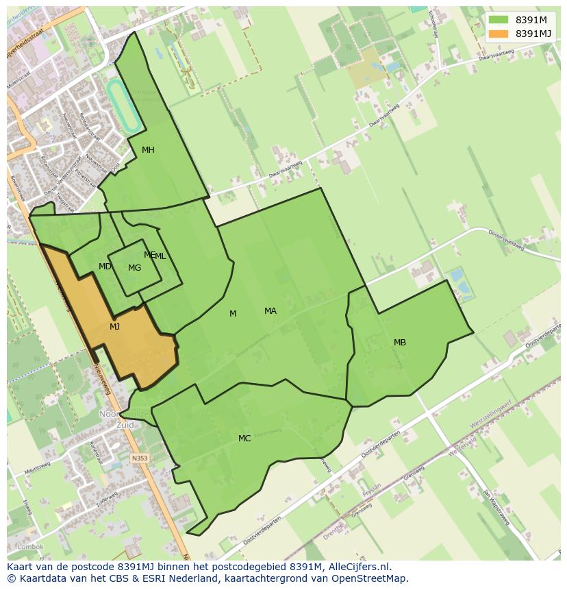 Afbeelding van het postcodegebied 8391 MJ op de kaart.
