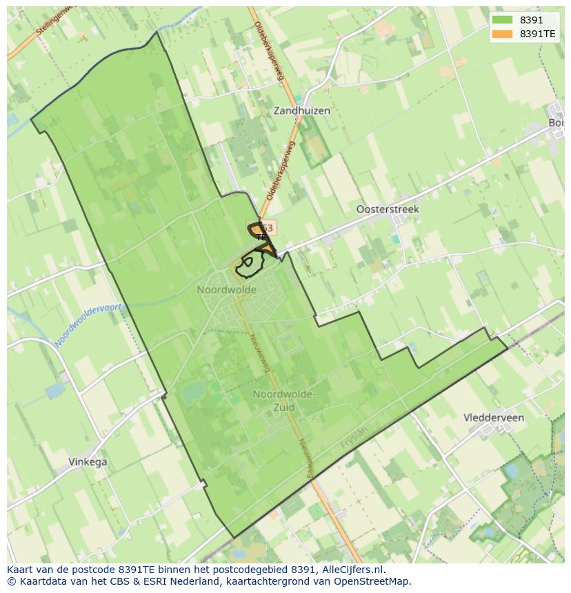 Afbeelding van het postcodegebied 8391 TE op de kaart.