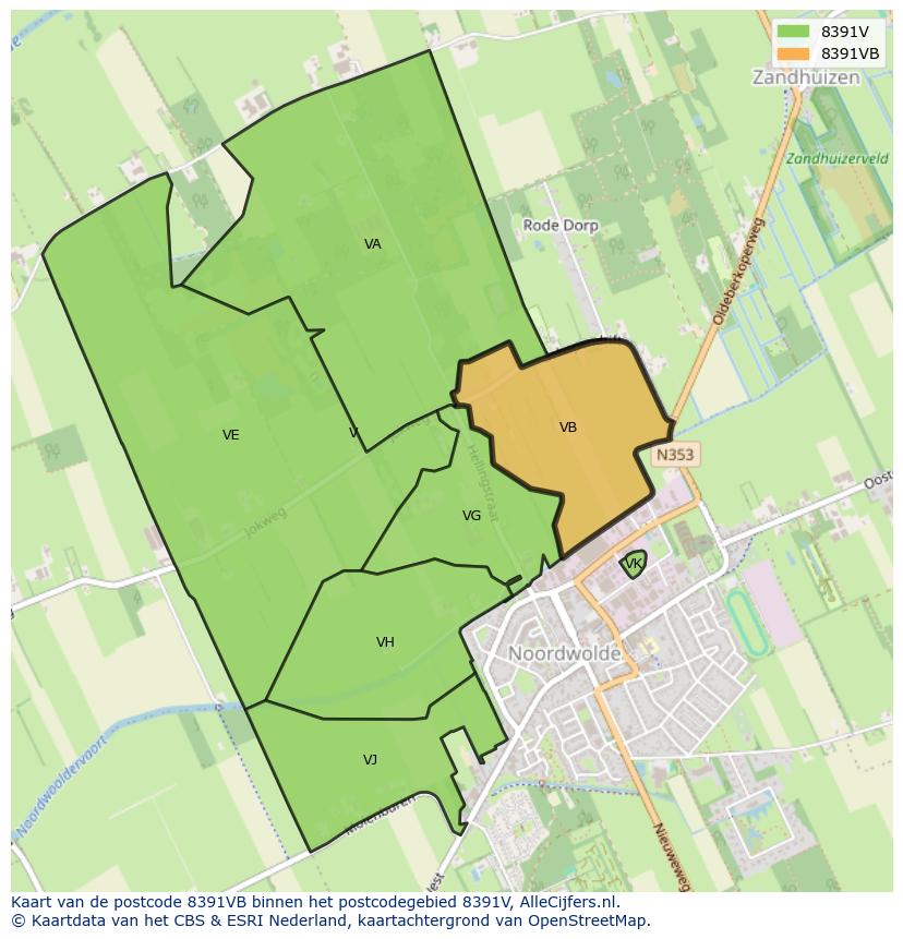 Afbeelding van het postcodegebied 8391 VB op de kaart.