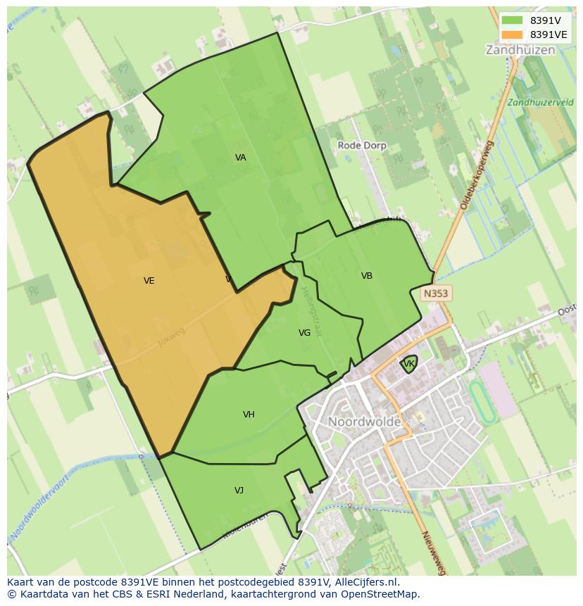 Afbeelding van het postcodegebied 8391 VE op de kaart.